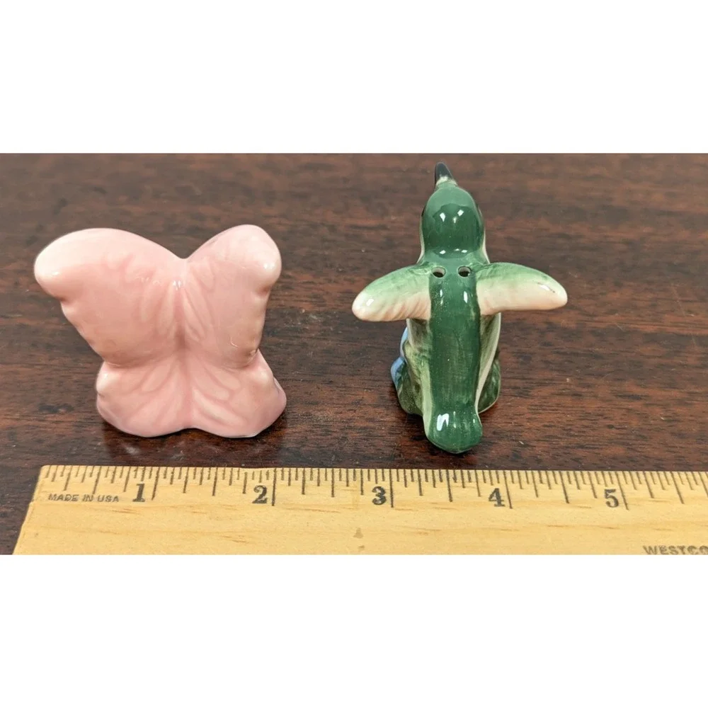 Hummingbird Butterfly Ceramic Salt Pepper Shakers Pink Green Floral Figurines